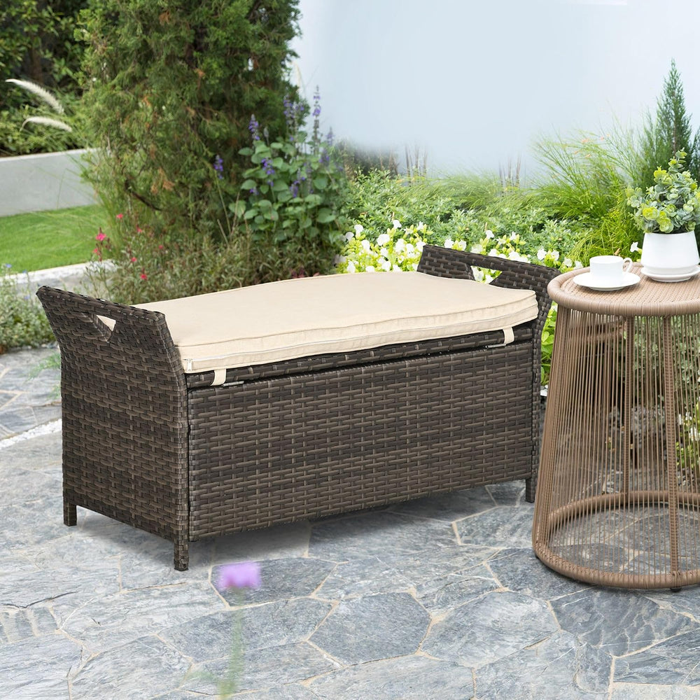 27 Gallon Patio Wicker Storage Bench, Outdoor PE Rattan Patio Furniture, 2 in...