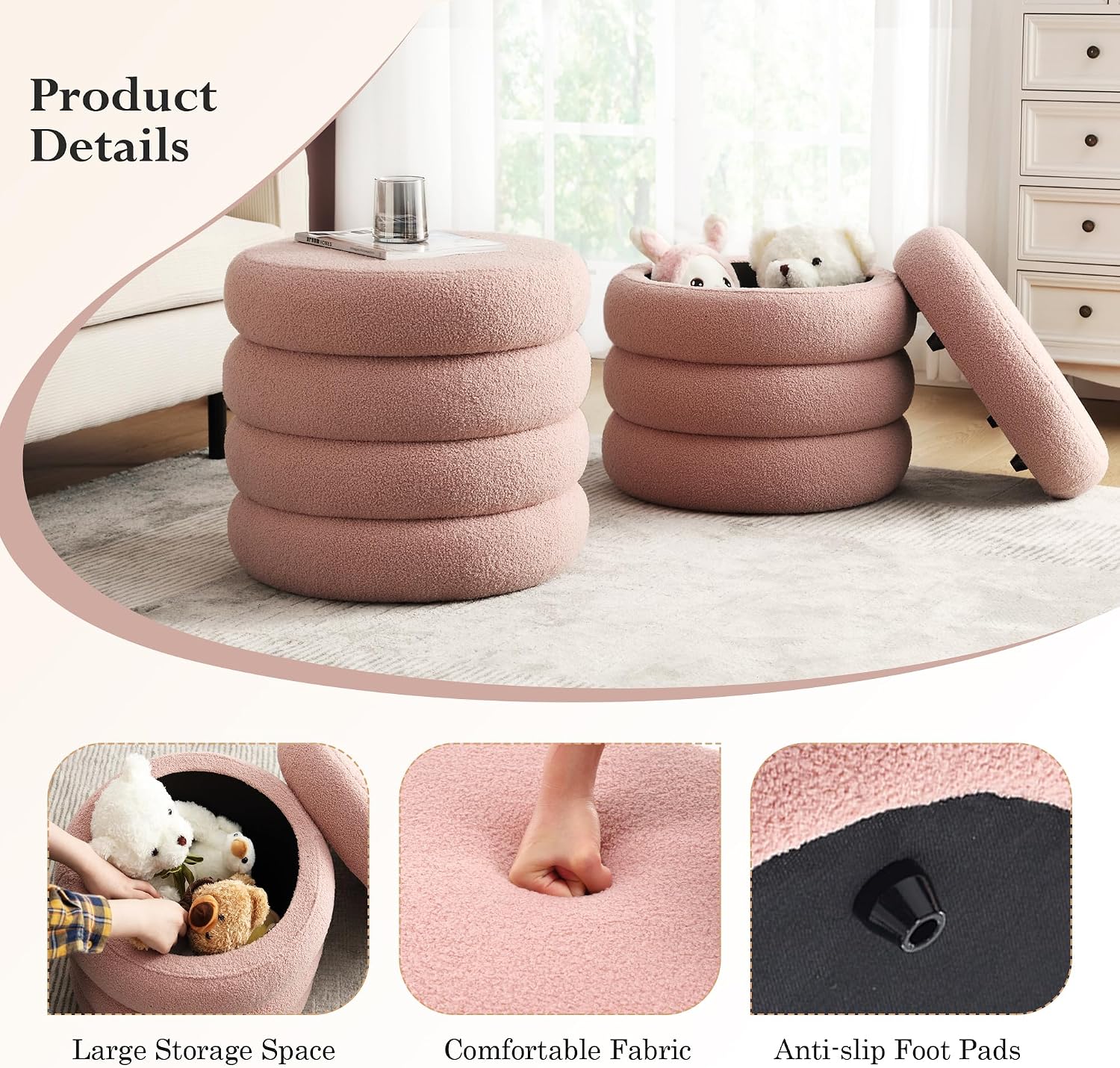 20.1 Inch Round Storage Ottoman, Modern Sherpa Ottoman Coffee Table with Removable Top, Pink Vanity Stool with Storage for Bedroom, Living Room, Dorm, Set of 1