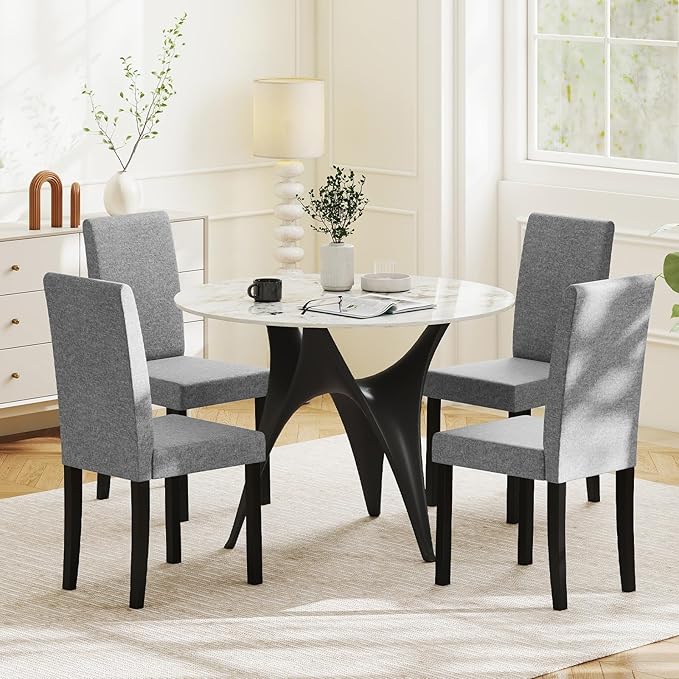 Giantex Upholstered Dining Chair Set of 2, Mid Century Modern Fabric Kitchen Chairs with Rubber Wood Legs, Thick Padded Seat, High Back, Side Armless Chairs for Living Dining Room (Gray)
