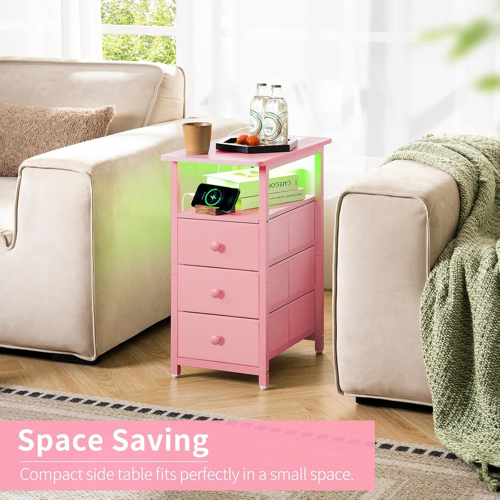 Yoobure End Table with Charging Station, Pink Narrow Nightstand LED Bedside T...