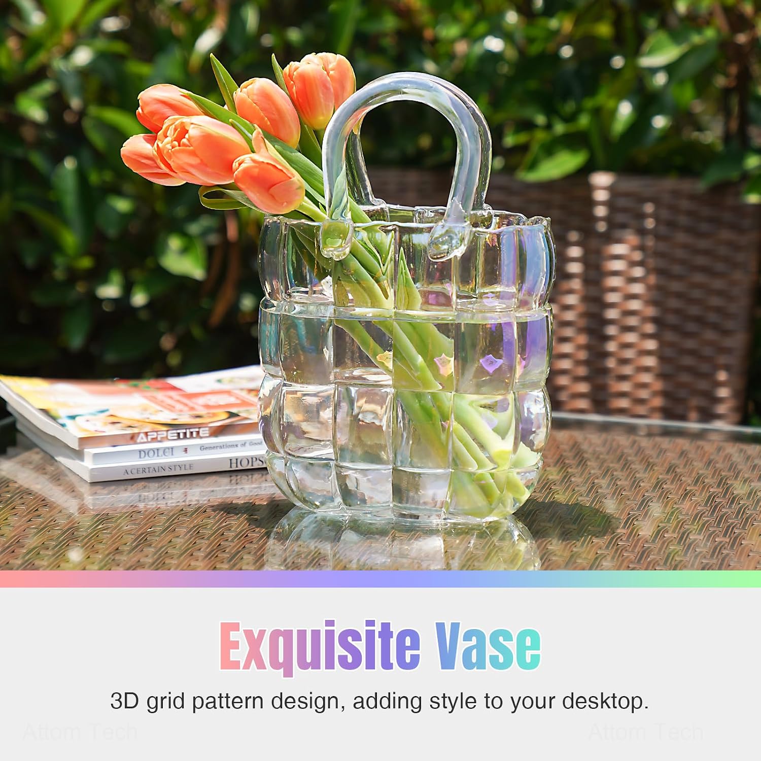 NiHome Glass Purse Vase Iridescent Glass Bag Vase with Handle Handbag Shape | Iridescent Glass Vase for Flowers Farmhouse Decor, Handmade Wide Mouth Glass Vase for Home Living Room Dining Table Décor