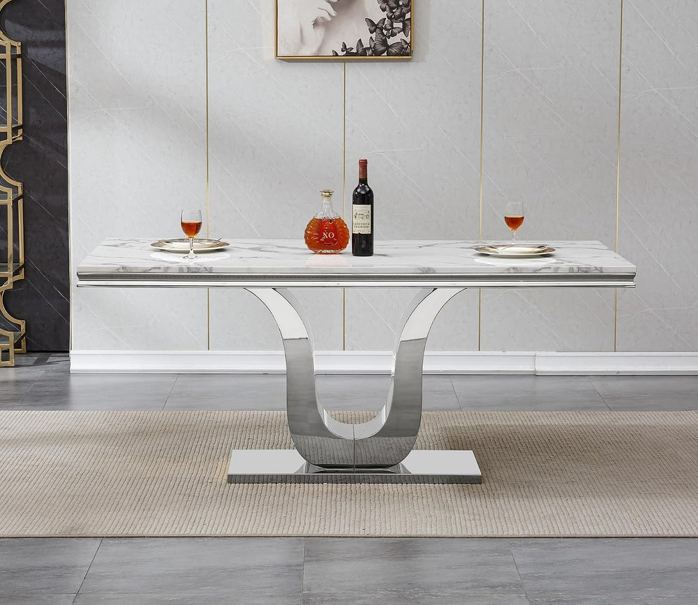Modern White Dining Table for 6, U-Shape Stainless Steel Base, Marble Dining ...