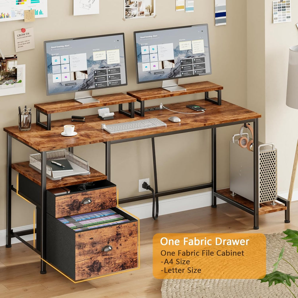 Furologee 47" Computer Desk with File Cabinet and Power Outlets, Home Office Desk with 2 Monitor Stands and Storage Drawer, Writing Gaming Table with Shelves and 2 Hooks for Bedroom, Rustic Brown