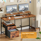 Furologee 47" Computer Desk with File Cabinet and Power Outlets, Home Office Desk with 2 Monitor Stands and Storage Drawer, Writing Gaming Table with Shelves and 2 Hooks for Bedroom, Rustic Brown