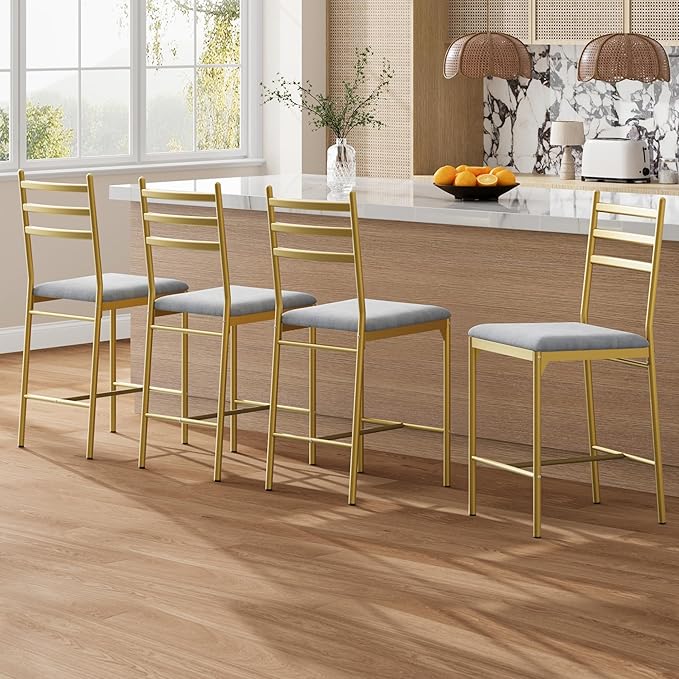 GarveeHome Bar Stools Set of 4, Counter Height Bar Chairs with Back and Thick Cushion, Upholstered Dining Chairs with Padded Seat, Barstools for Kitchen Island, Bar, Dining Room, Retro Gold