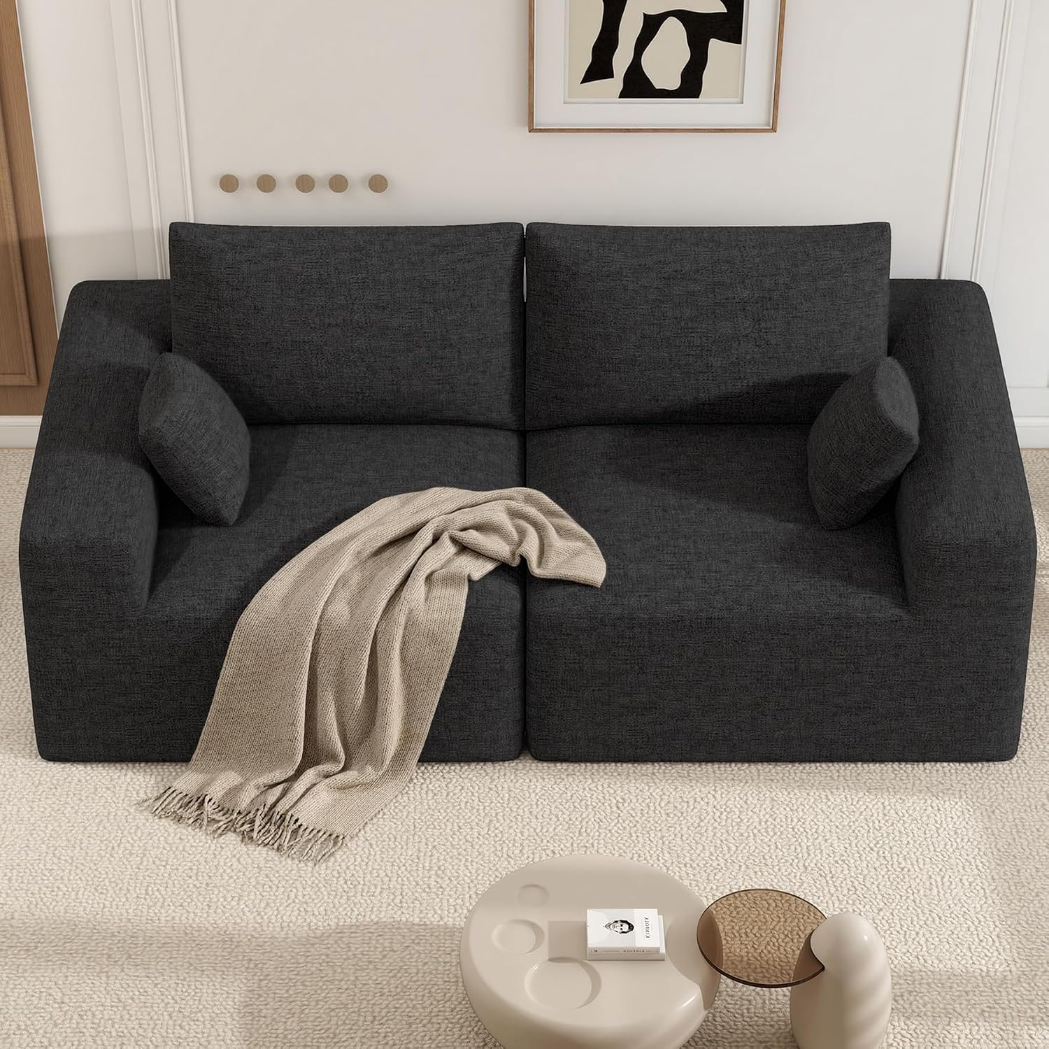 81" Cloud Loveseat Sofa in a Box, No Assembly Required Comfy Deep Seat Chenille Boneless Couch, Modern Small Couches for Living Room, Apartment, Black