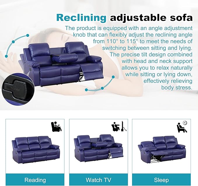 Recliner Sofa Set Couches for Living Room Chair Semi PU Fabric Living Room Furniture Sets, Adjusted Loveseat Reclining Couch Furniture Sofa Set for Theater Seating, 3-Seater, Dark Blue