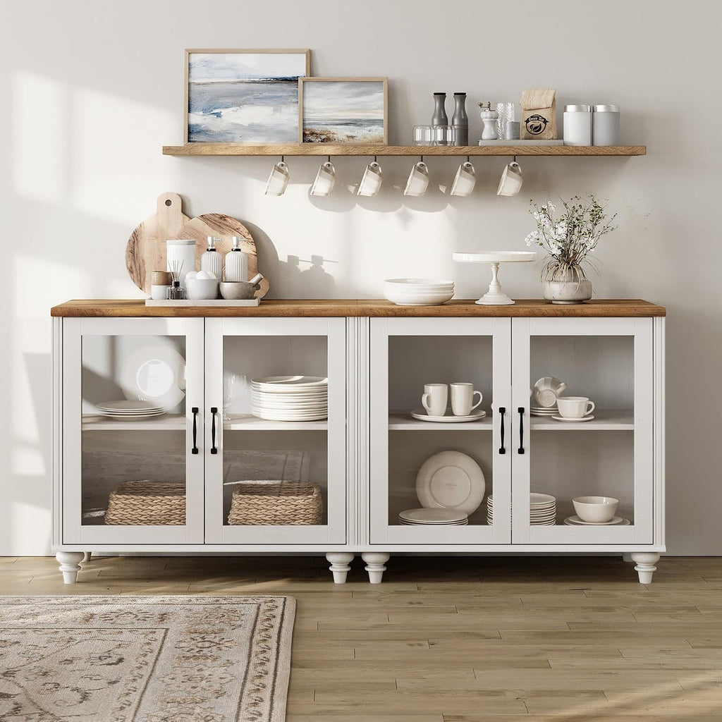 WAMPAT White TV Stand for 75 inch TV with 4 Glass Doors, Morden Wood Universal TV Cabniet with Ample Storage Cabinets, Farmhouse Entertainment Center TV Console Table for Living Room, Bedroom, 68"