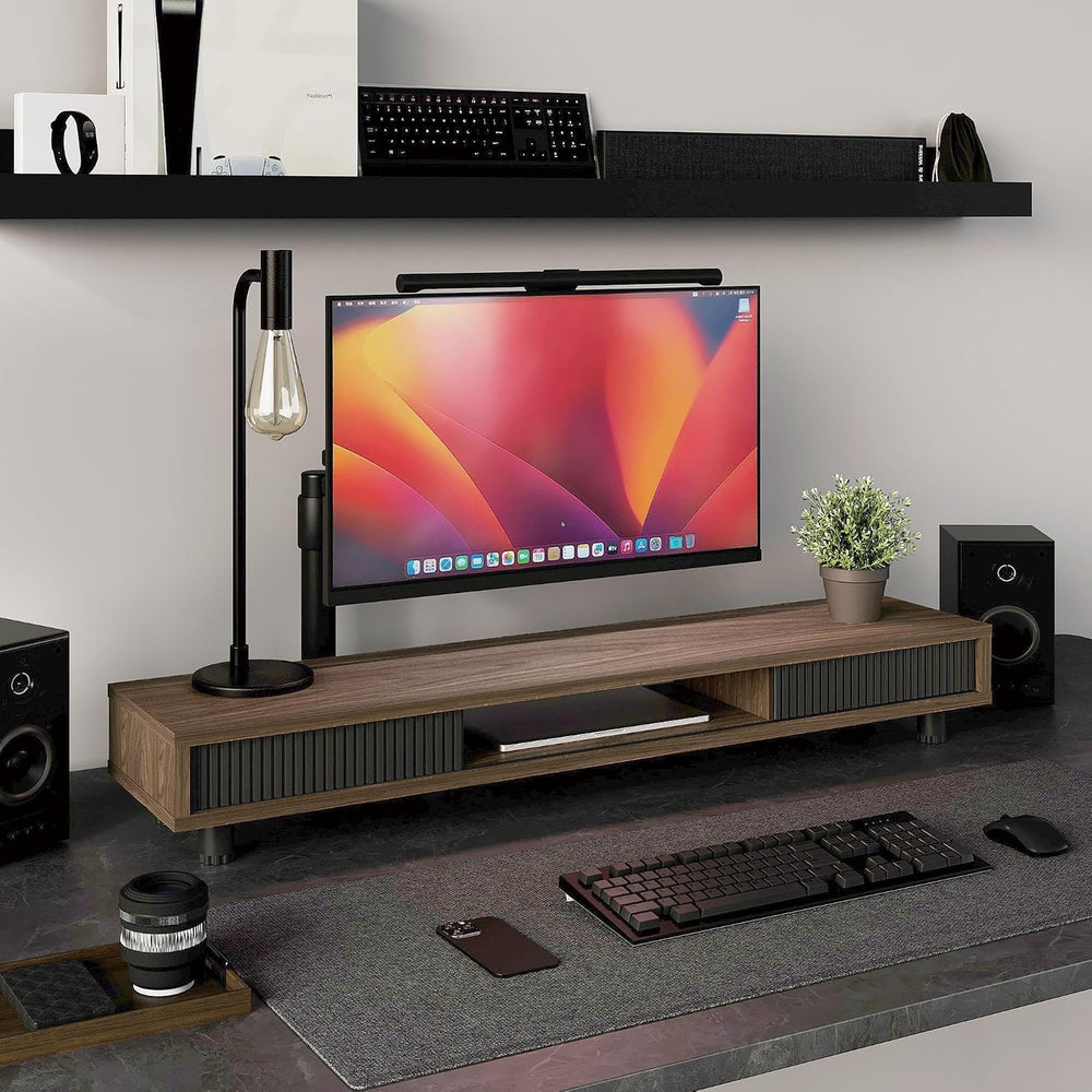 Fenge Dual Monitor Stand with Storage, Desk Shelf with Glass Sliding Door