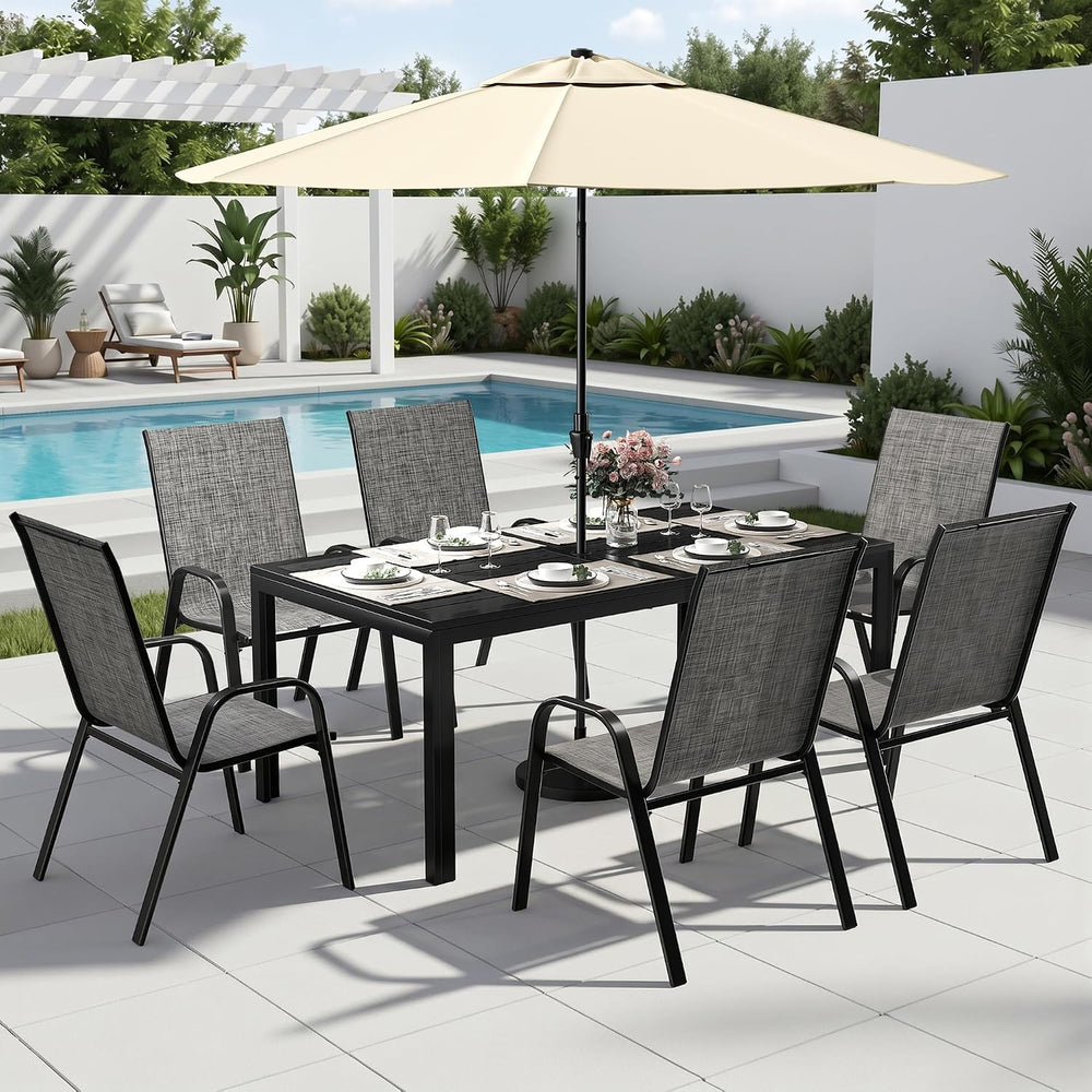 7PCS Patio Dining Set, Steel Table & 6 Textilene Chairs, Charcoal