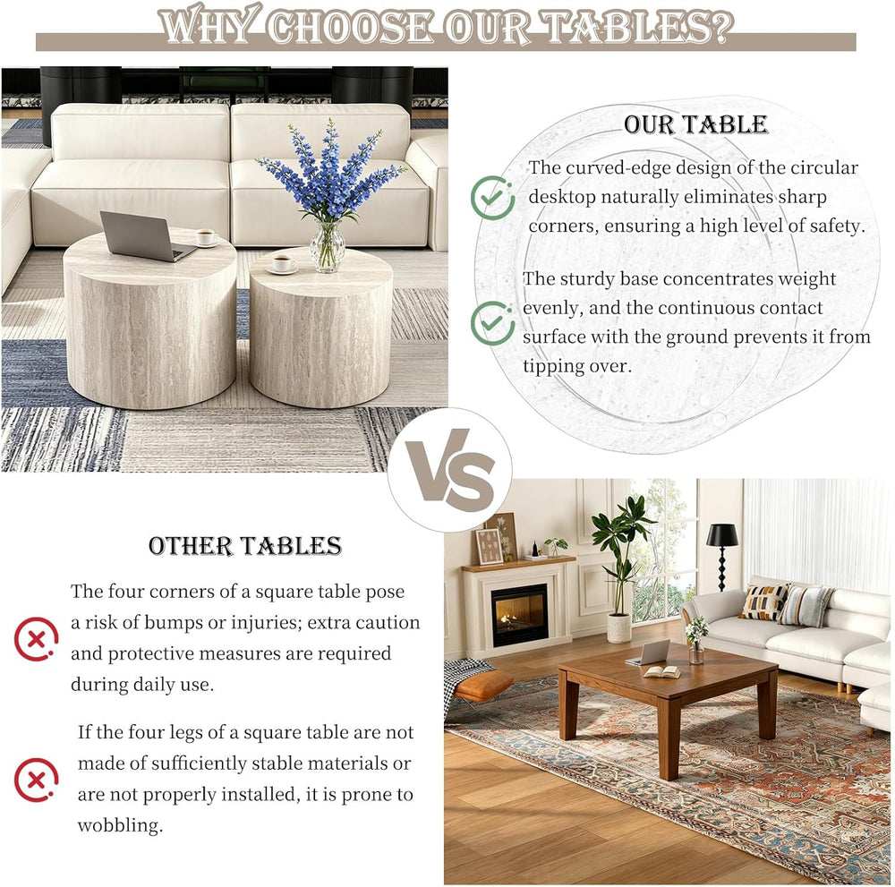 Modern Nesting Coffee Table Set of 2 Round Travertine Finish Nesting Tables S...