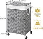Chrislley 90L Slim Laundry Hamper with Wheels, Rolling Laundry Basket with Lid and Renovable Liner Bag, Handwoven Rattan Organizer for bedroom, bathroom, laundry room (Grey)