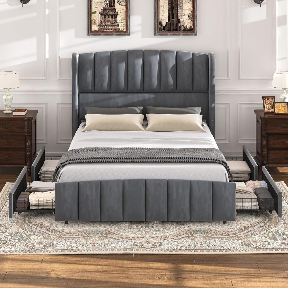 54" Tall Headboard Queen Bed Frame with 4 Drawers, Storage Platform