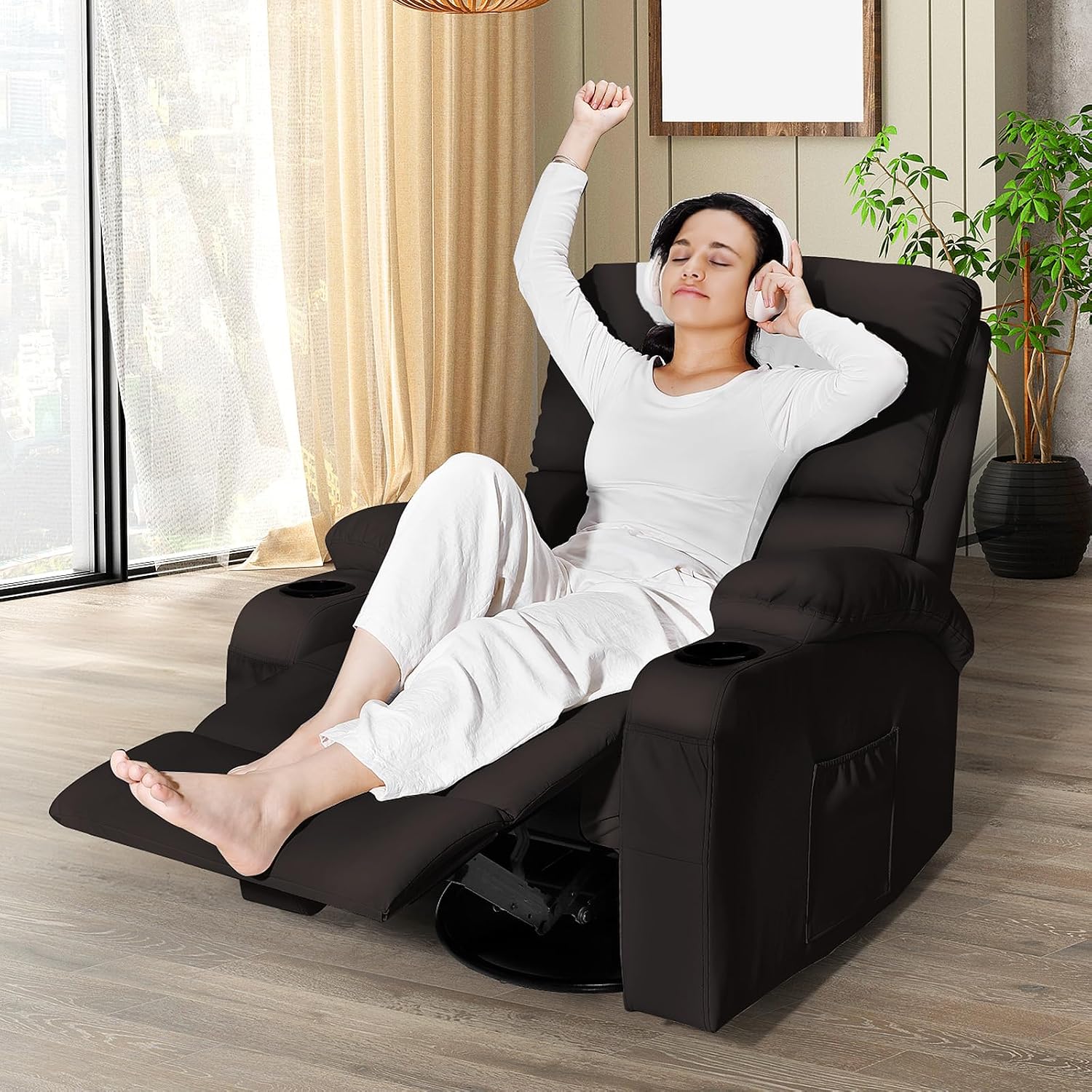 Rocking Recliner Chair, Massage Rocker Recliner Chair with Vibration Massage and Heat, USB and Type-C Ports,360° Swivel Faux Leather Chairs, Living Room, Bedroom, Nursery, RV, Brown