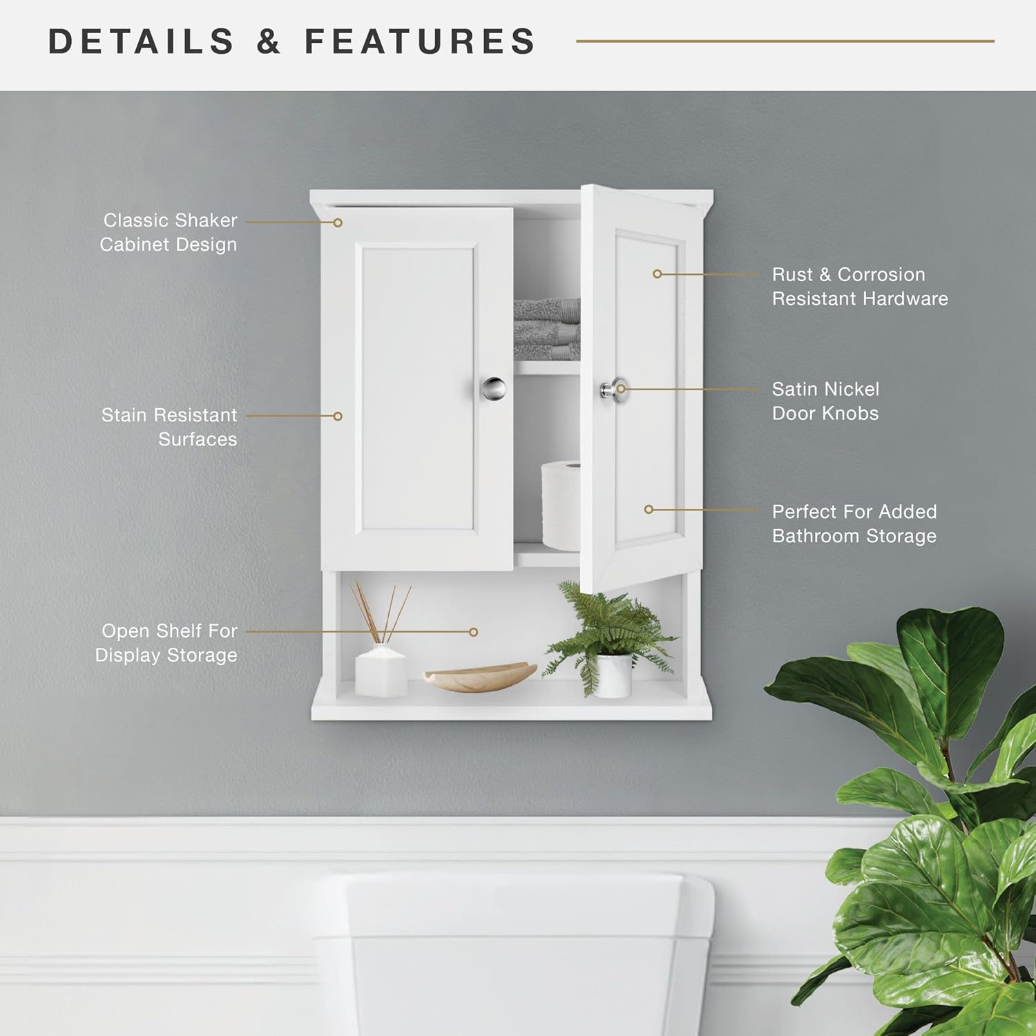 MCS 23x18 White Medicine Cabinet Organizer, Wall Mounted 2-Door Bathroom Cabinet for Over-The-Toilet Storage, Bathroom Furniture & Restroom Organizer