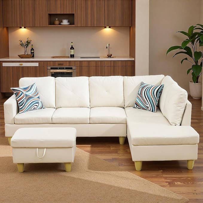 Sectional Couches for Living Room with Movable Chaise & Storage Ottoman - 97.5" Leather L Shaped Couches for Living Room Apartment, 4 Seat Home Furniture Modular Sectional Sofas, White