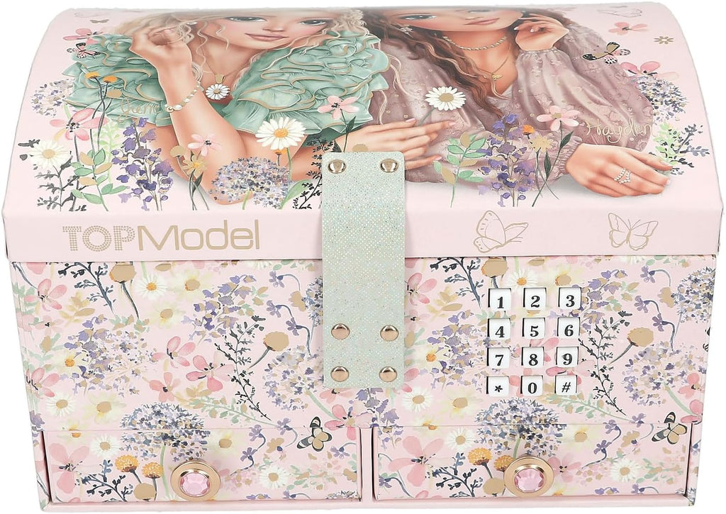 Depesche TOPModel Summer Feeling 13579 Large Jewellery Box in Pink with Model Motif and Floral Details, Jewellery Box with Code, Sound and Mirror