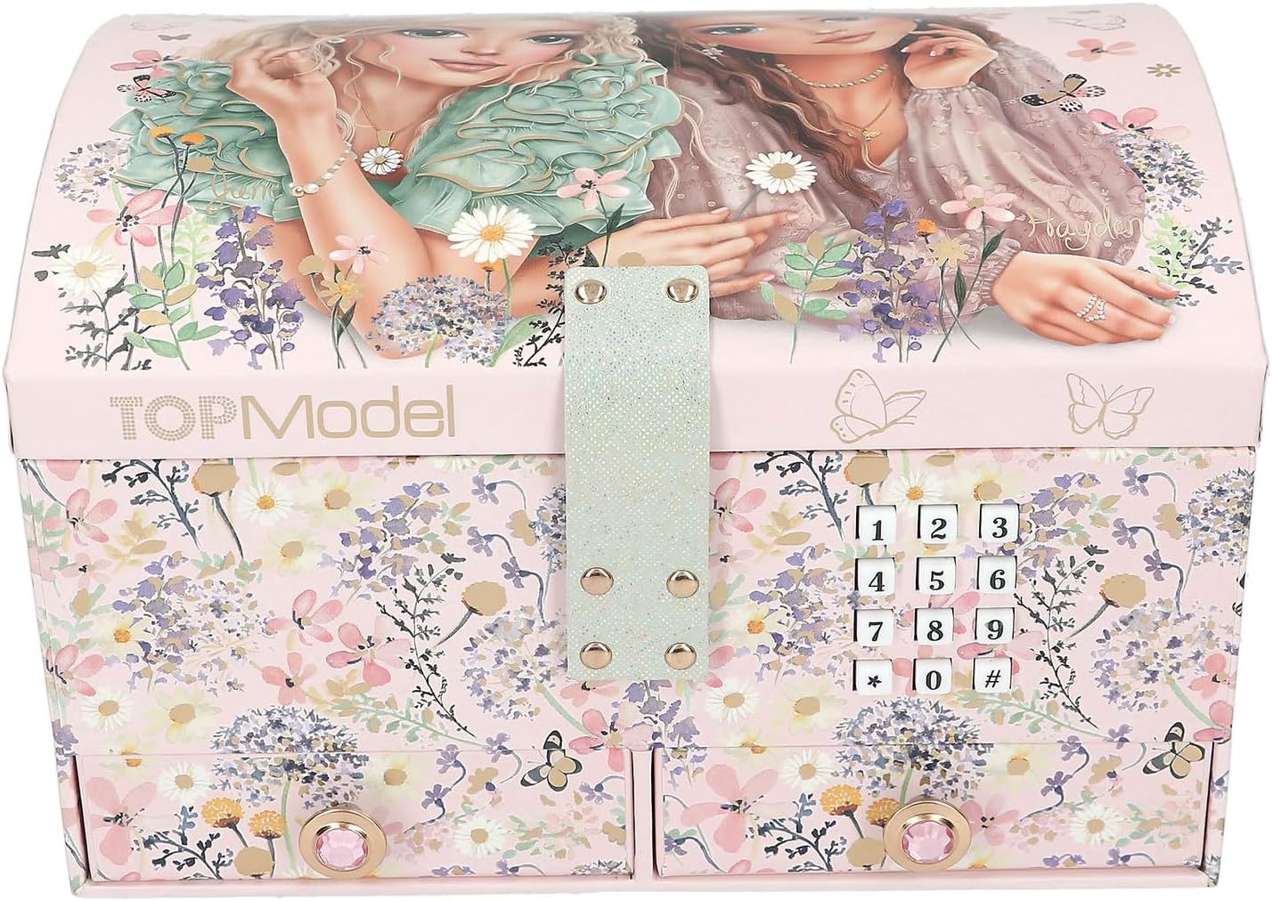 Depesche TOPModel Summer Feeling 13579 Large Jewellery Box in Pink with Model Motif and Floral Details, Jewellery Box with Code, Sound and Mirror