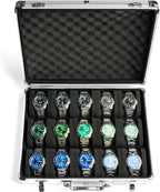 15 slots Watch organizer Case, Silver Aluminum watch storage box, hard watch travel box, padded case for watch display and organization