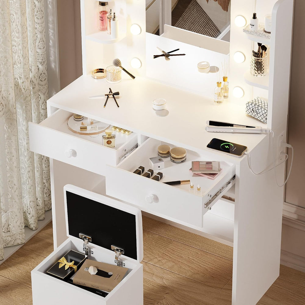 Haewon Makeup Vanity Desk with Lighted Mirror and Chair Set, White | 10 LED L...
