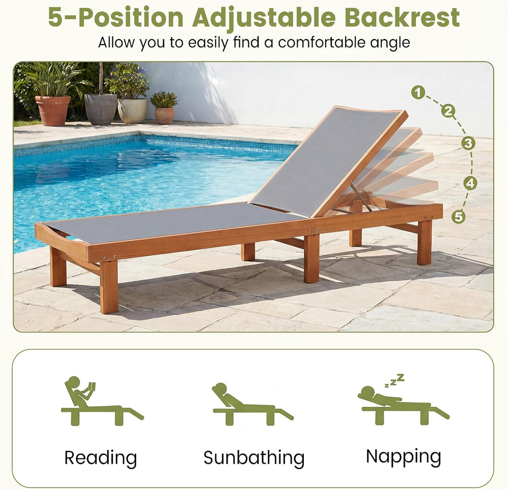 COSTWAY Set of 2 Patio Wood Chaise Lounge Chair, Strong Eucalyptus Wood Frame...