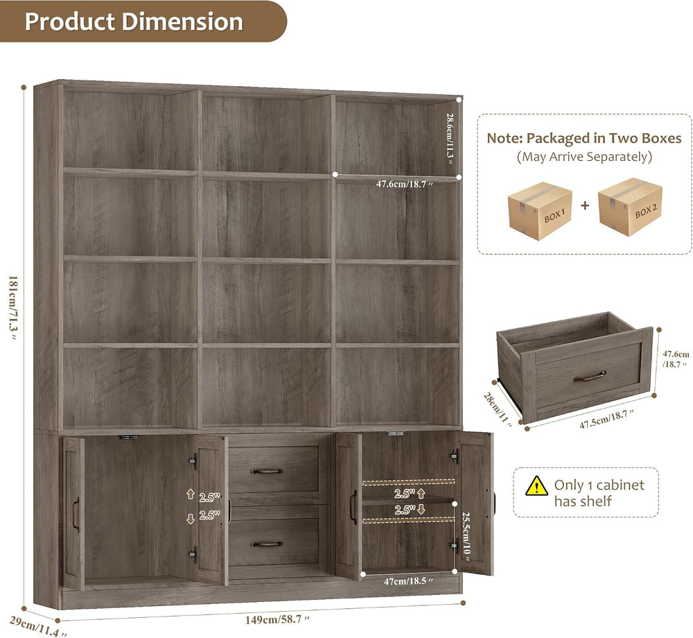 HOSTACK 71" Tall Triple Wide Bookshelf with Storage Drawers & Doors,...