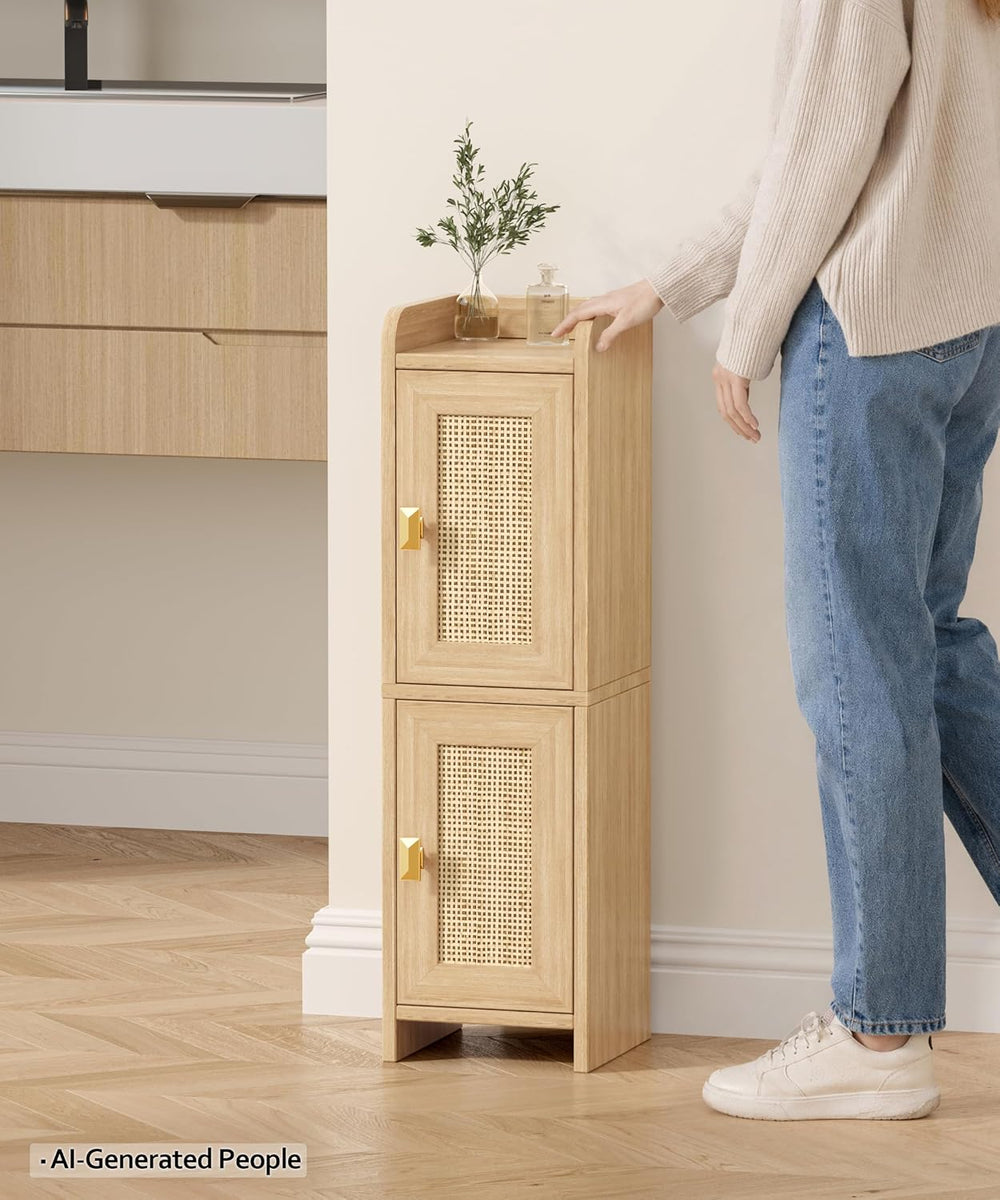 Akxomel Rattan Small Bathroom Cabinet Narrow Toilet Paper Organizer Oak | 7.9...