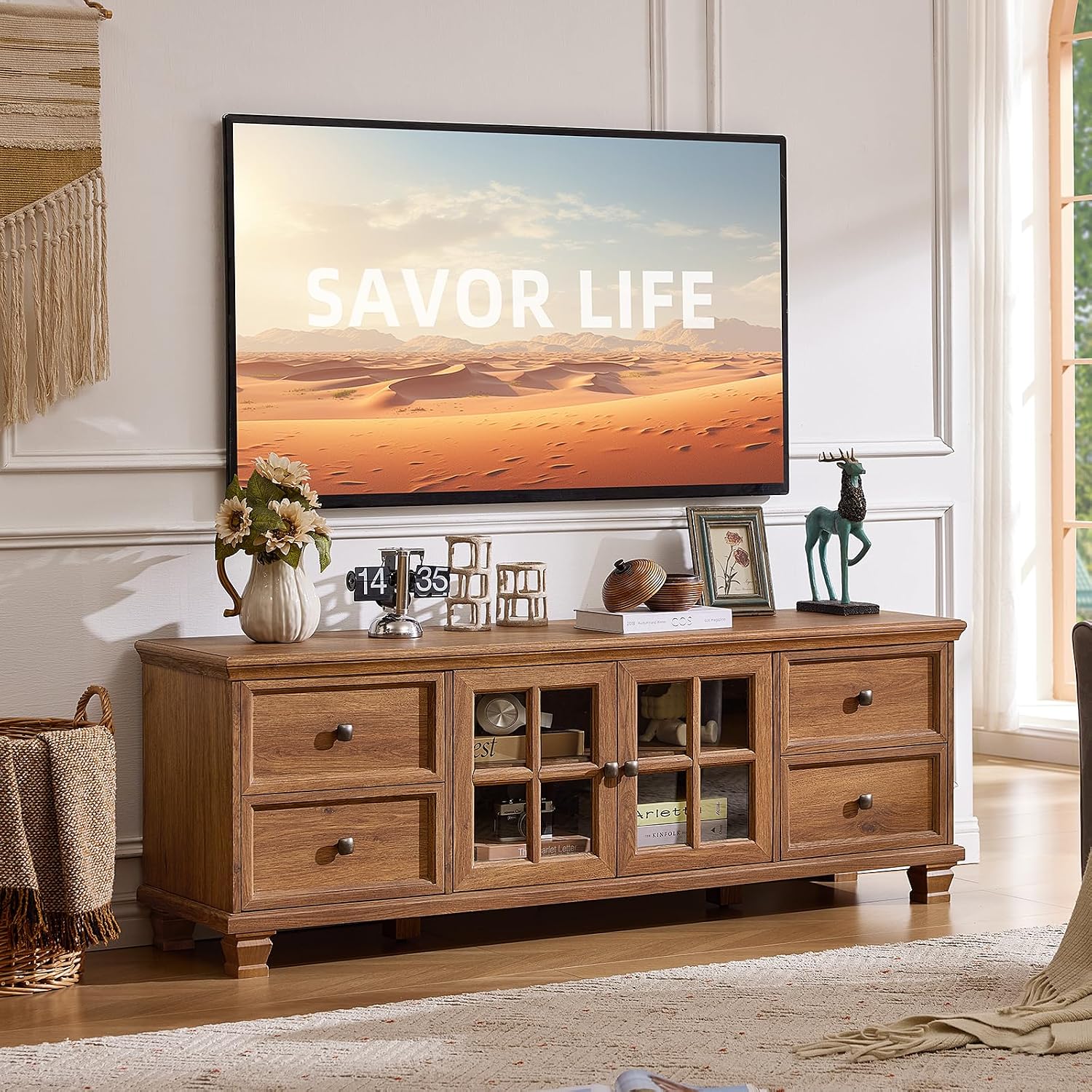 Farmhouse TV Stands for Living Room, Brown | Heavy-Duty Rustic Entertainment Center with 4 Drawers & Thickened Top & Square Wooden Legs for 65 Inch TV