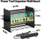 3 Layer Heavy Duty Power Tool Organizer Wall Mount with Charging Station, Adjustable Metal Storage Rack, 6 Outlets Strip, Drill Holders, Hooks & Drill Bit Rack for Garage, Workshop, Black