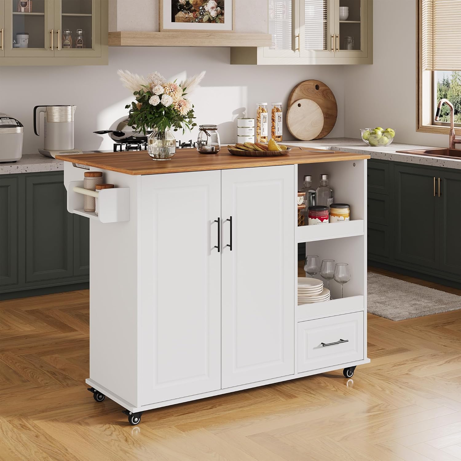 IDEALHOUSE Rolling Kitchen Island on Wheels, 48'' Mobile Kitchen Cart with Drop Leaf, Butcher Block Island with Open Shelf, Drawer, Spice Rack, Wood Top, and Lockable Wheels