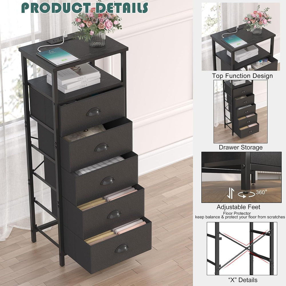 Nightstand with Charging Station,LED Black Nightstands with 5 Fabric Drawers ...