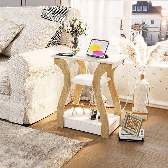 End Table with Charging Station, Side Table with USB Ports and Outlets, Night...