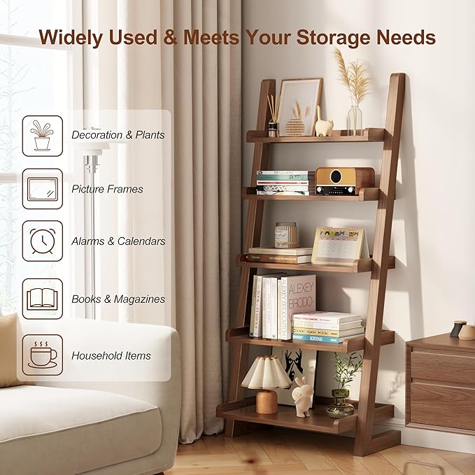 Walnut Wooden Ladder Shelf with Edges, 5-Tier Modern Leaning Bookshelf Ladder – Stylish Space-Saving Bookcase for Living Room, Bedroom & Home Office