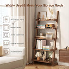 Walnut Wooden Ladder Shelf with Edges, 5-Tier Modern Leaning Bookshelf Ladder – Stylish Space-Saving Bookcase for Living Room, Bedroom & Home Office