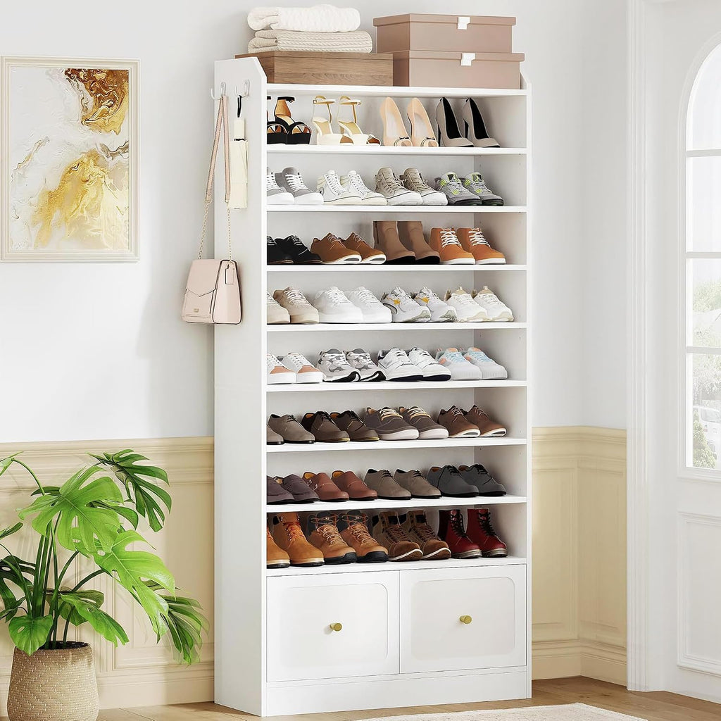 Hzuaneri Shoe Storage Cabinet, 10 Tiers Shoe Organizer with 2 Cloth Drawers | Wooden Freestanding Shoes Cabinet with 2 Hooks, 40-45 Pairs, Shoes Cubby Organizer for Entryway, White SR52903MI