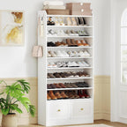 Hzuaneri Shoe Storage Cabinet, 10 Tiers Shoe Organizer with 2 Cloth Drawers | Wooden Freestanding Shoes Cabinet with 2 Hooks, 40-45 Pairs, Shoes Cubby Organizer for Entryway, White SR52903MI