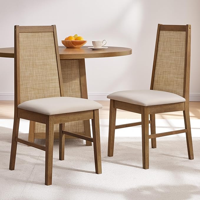 SICOTAS Rattan Dining Chairs Set of 6 - Solid Wood Dining Room Chairs with Rattan Decor High Back, Farmhouse Upholstered Kitchen Chairs, Modern Armless Dining Chair for Dining Room, Kitchen, Oak, 6PCS