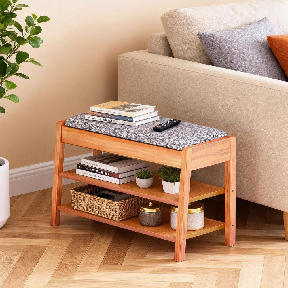 Shoe Rack Bench with Storage, 2-Tier Entryway Bench with Cotton-Linen Cushion...