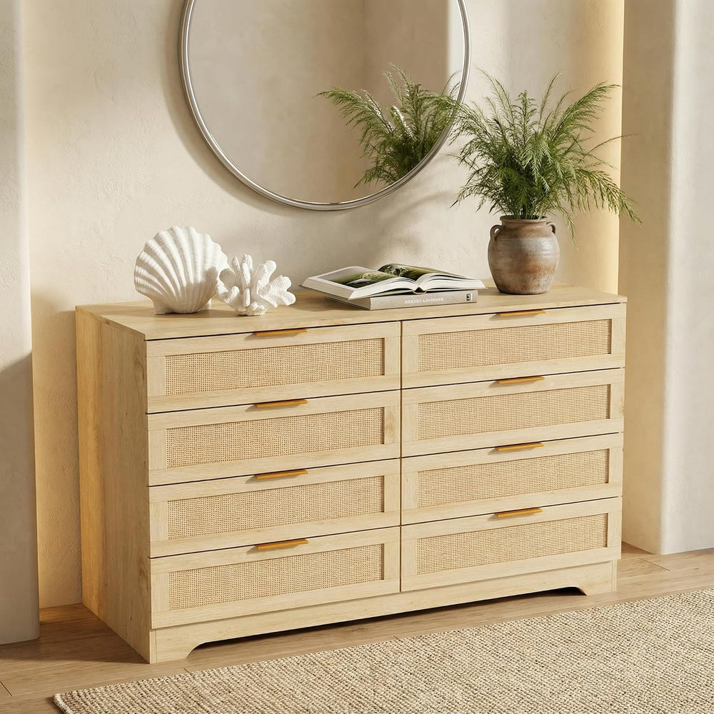 HOPUBUY Living Room Table Sets, Boho Large Drawer | Natural,Rattan TV Stand C...