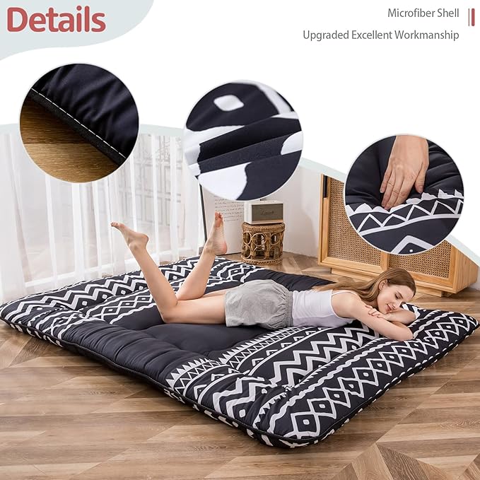 MAXYOYO Japanese Floor Mattress Futon Mattress, 4" Thicken Tatami Mat Sleeping Pad Foldable Roll Up Mat Boys Girls Dormitory Pad Kids Floor Lounger Pillow Bed, Charcoal Grey, Queen Size