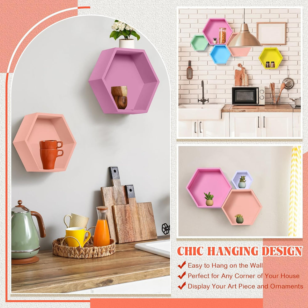 DoubleFill Honeycomb Shelves for Wall Set of 7 Wooden Hexagon Floating Shelve...