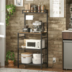 MAHANCRIS Bakers Rack with Storage, Microwave Stand with Paper Holder, Bakers Rack with Power Outlet, Coffee Bar Station with 6 Hooks, for Kitchen, Dining Room, Rustic Brown and Black BRHR36E01