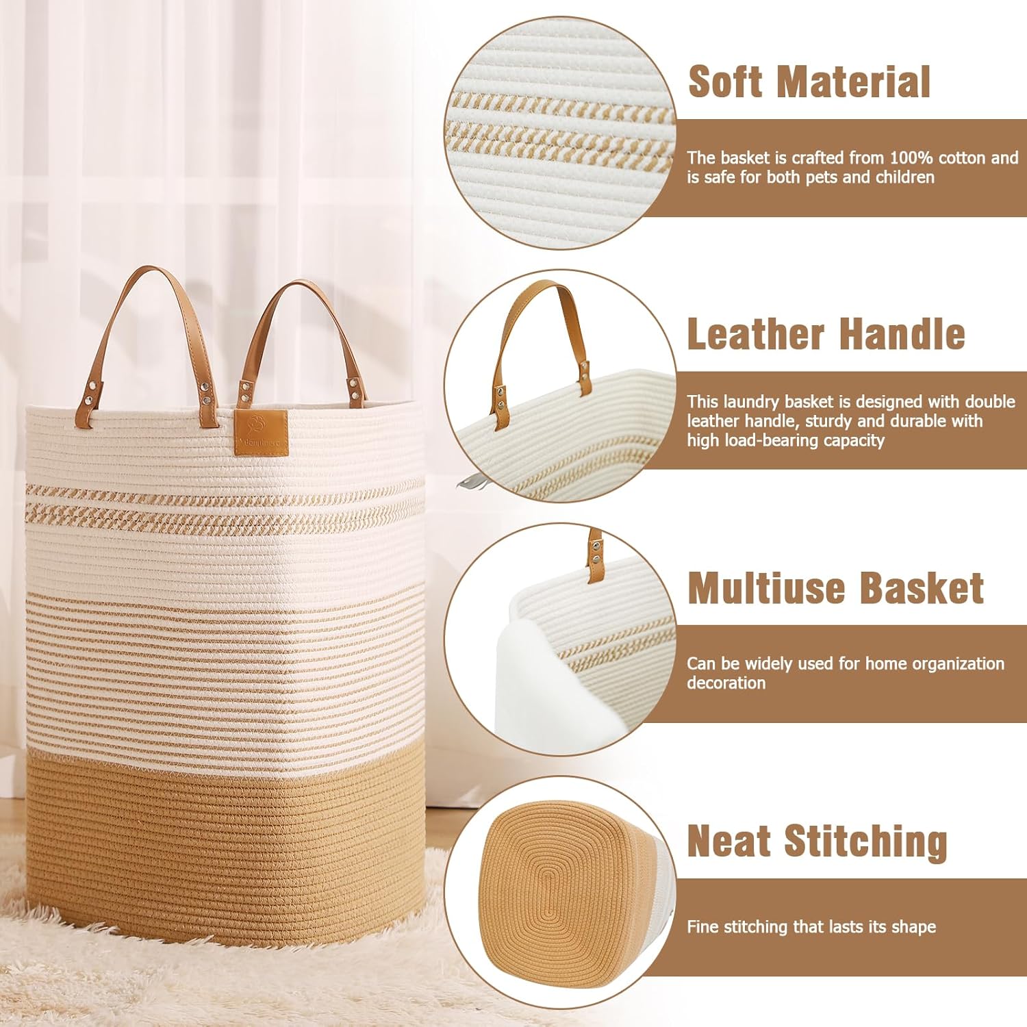 danpinera Large Laundry Hamper – 75L Tall Woven Cotton Storage Basket with Leather Handles, Slim Dirty Clothes Hamper, Decorative Storage Basket for Blanket,Toys White & Jute