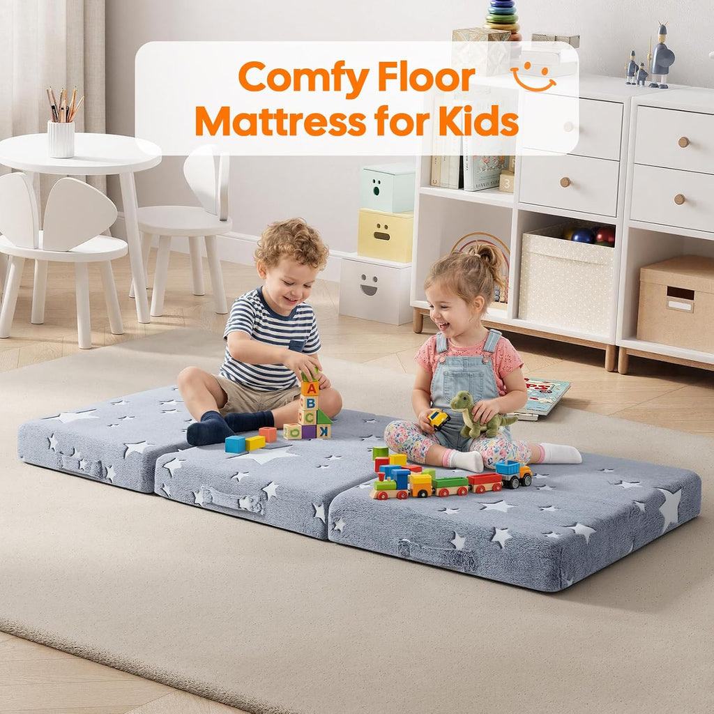 MeMoreCool Foldable Floor Mattress for Kids, Glow Star Trifold Mat, Kids Folding Mattress Portable Futon, 57x22 Inch Grey