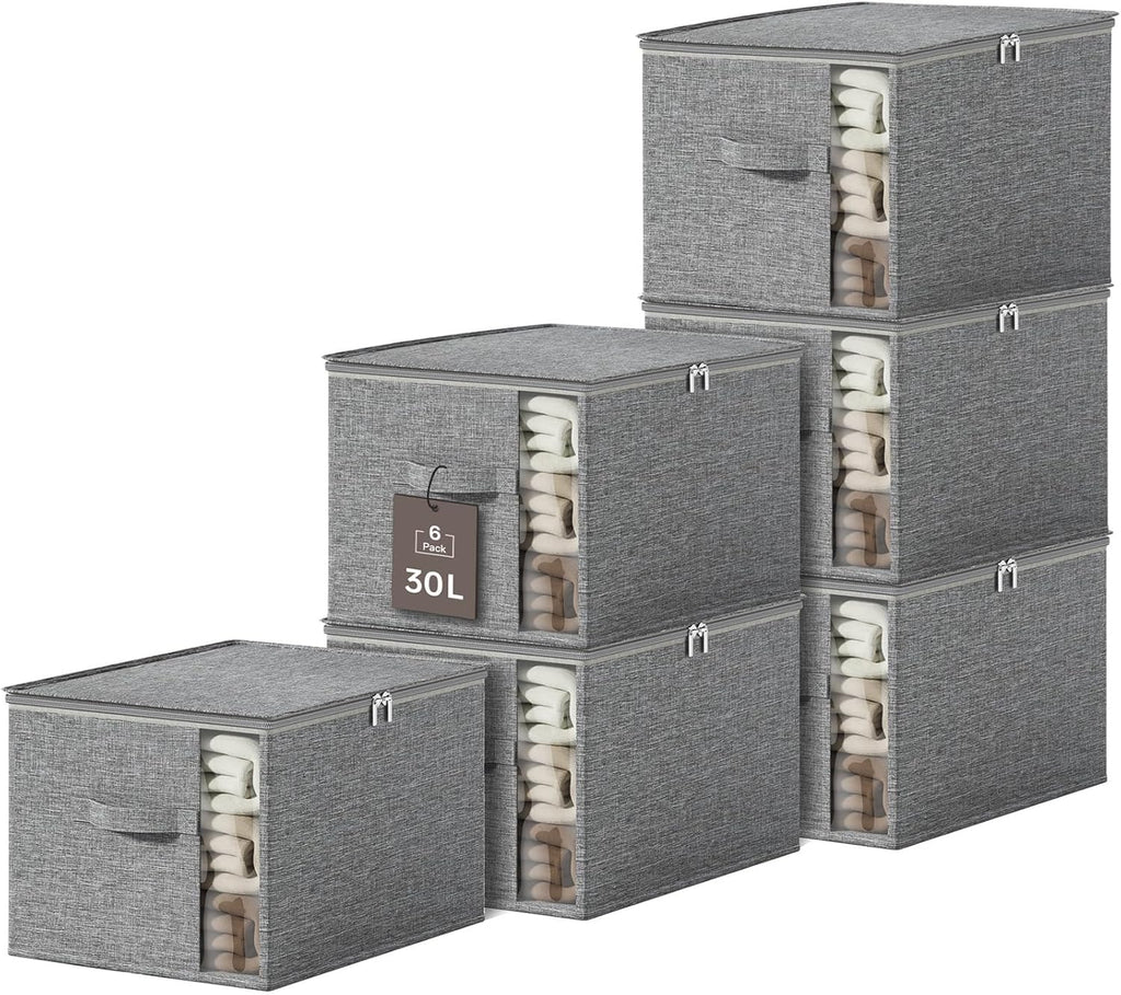 Clothes Storage Bins with Sturdy Frames, Foldable Fabric Clothing Organizer Box for Moving, Sweater Storage Cube with Lids and Zipper, Linen Closet Storage Bags for Blankets, Clothes, Sheet