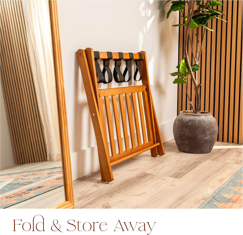 Fully Assembled Walnut Bamboo Folding Luggage Rack for Guest Room, 26.75" Folding Suitcase Stand with Removable Laundry Bag & Storage Shelf, Heavy Duty Foldable Luggage Stand for Bedrooms, Hotels, Airbnbs Holds 215lb