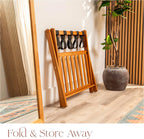 Fully Assembled Walnut Bamboo Folding Luggage Rack for Guest Room, 26.75" Folding Suitcase Stand with Removable Laundry Bag & Storage Shelf, Heavy Duty Foldable Luggage Stand for Bedrooms, Hotels, Airbnbs Holds 215lb