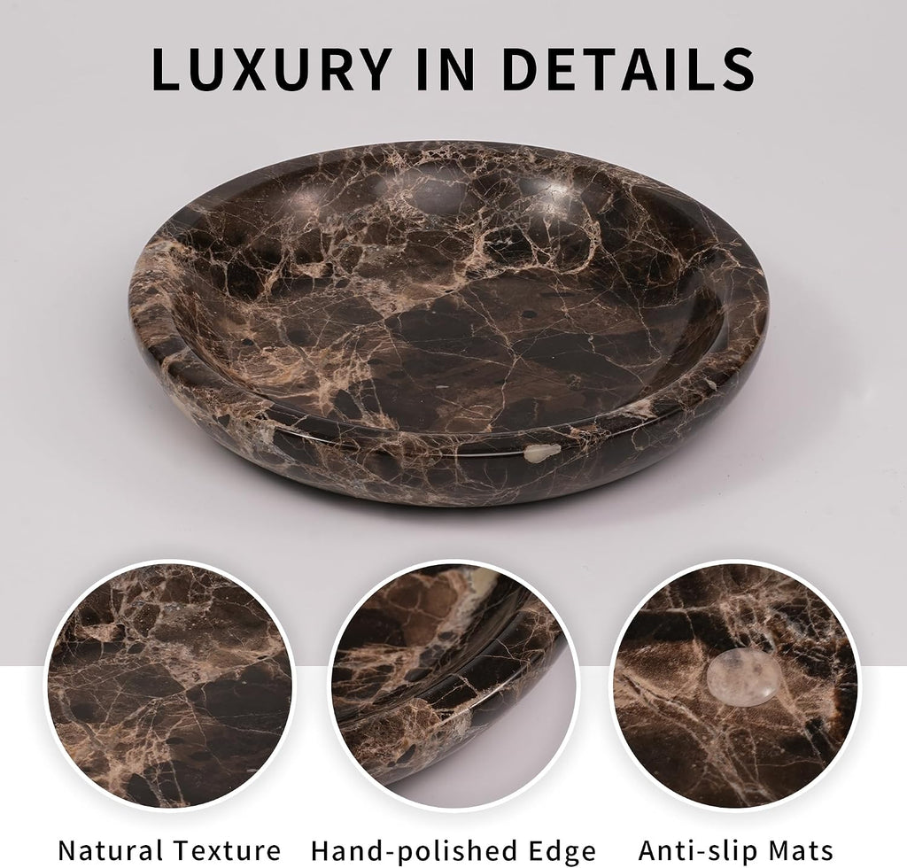 Brown Marble Jewelry Tray - Stone Trinket Ring Key Purse Holder Dish, Small Cute Round Plate Decorative Bowl for Nightstand Entryway Coffee Table Decor (5.5 inch)