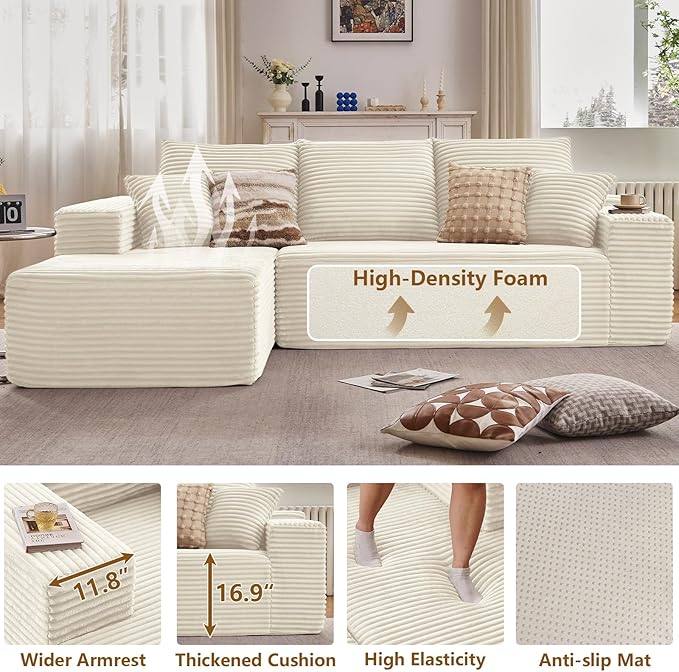 107" Cloud Sectional Couch with L-Shape Chaise, Modern Modular Comfy Sofa with Deep Seat, Upholstered Corduroy Couches Sleeper Chaise Longue for Living Room Bedroom, No Assembly Required, White