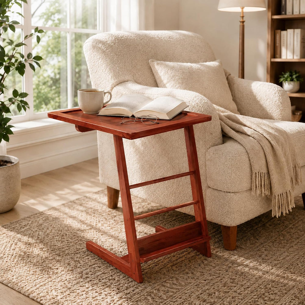C-Shaped End Table for Couch, Acacia Wood Sofa Side Table & Nightstand wi...